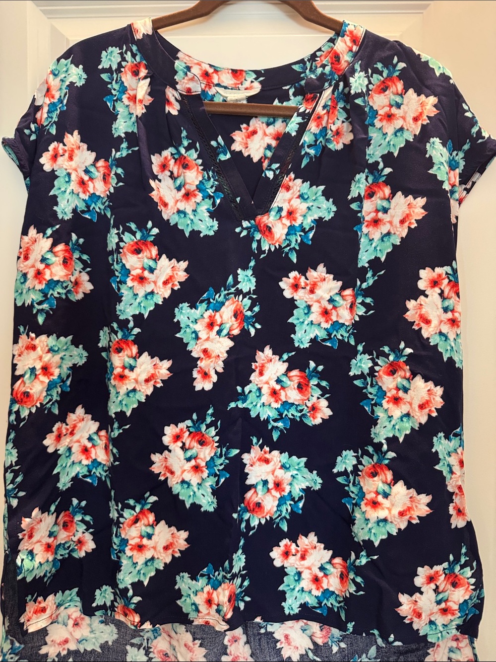 Navy Floral V-Neck Women's Blouse
